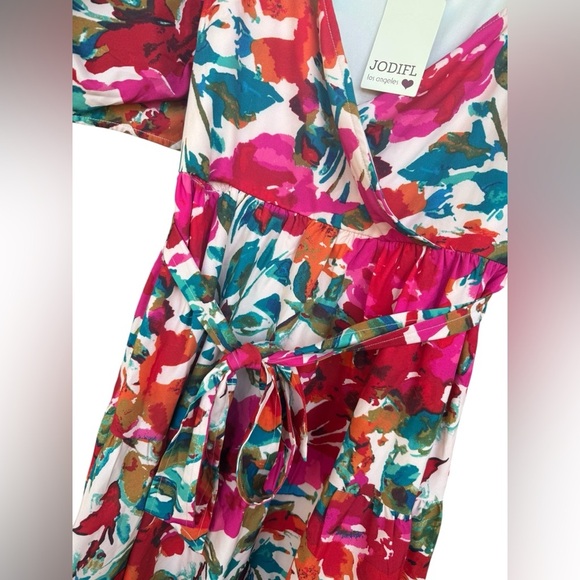 JODIFL Women’s Floral Colorful Puff Sleeve A Line V Neck Dress Large Boho Preppy - Picture 5 of 9